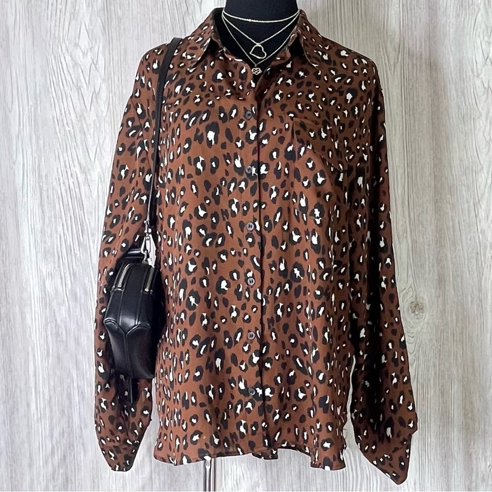 Pleione Leopard Print Button Front Blouse - Size Large